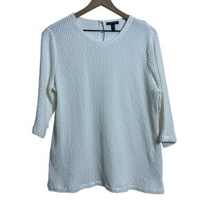 Eileen Fisher Blouse Large Soft Girl White Waffle Knit 3/4 Sleeve Tunic Stretch